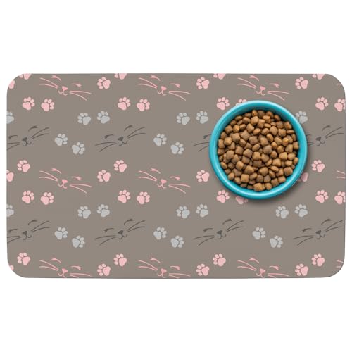 Patterned Cat & Dog Bowl Mat for Food and Water, 12""×20"" Quick Dry Absorbent Pet Feeding Mat, Eco-Friendly Dog Placemat - color: Light Brown-catpaw, size: Small (12" x 20")