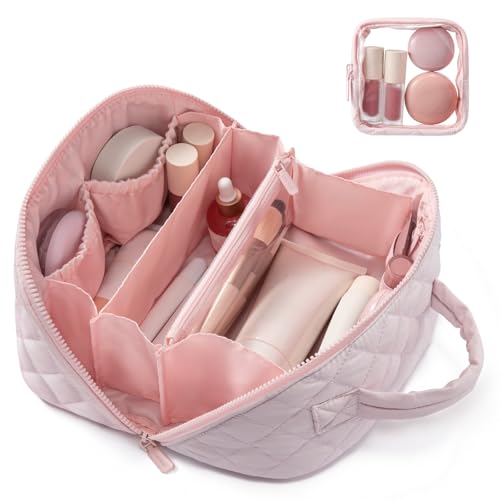 LOVEVOOK Travel Makeup Bag for Women, 2Pcs Puffer Waterproof Cosmetic Organizer, Large Capacity Pouch Open Flat Small Toiletry Bag with Brush Compartment & Handle (Pink, Medium) - color: Pink, size: Medium