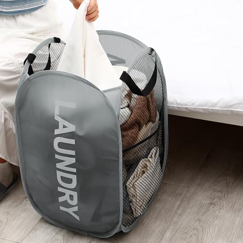 Mesh Laundry Hamper Pop Up Laundry Hamper Collapsible Laundry Basket with Carry Handles, Large Side Pocket for Bedroom, Student Dorm, RV, Cruise, Grey - color: Grey