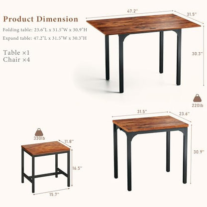 HUAHUU Dining Table Set for 4, Extendable Kitchen Table Chairs Set of 4, Rectangle Dining Table with Metal Frame & MDF Board, Folding for Small Apartment Saving Space, Rustic Brown - color: Rustic Brown
