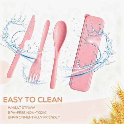 Travel Utensils with Case, Camping Utensil Sets, Wheat Straw Portable Knife Fork Spoons Tableware, Reusable Utensils for Lunch Box (Pink) - color: Pink