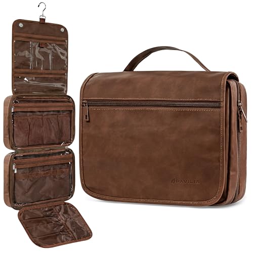 PAVILIA Hanging Toiletry Bag for Men, Large Travel Organizer with 5 Compartments & Swivel Hook, PU Leather Dopp Kit, Foldable Water-Resistant Makeup Cosmetic Bag for Full Size Bottles (Dark Brown) - color: Dark Brown