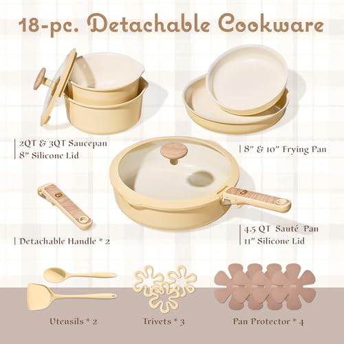 CAROTE 18 Pcs Ceramic Cookware Set Detachable Handle, Non Toxic Pots and Pans Set Non Stick, Induction Kitchen Cookware Removable Handles, Oven Safe, Stackable RV/Camping Cooking Set, Yellow - color: Yellow