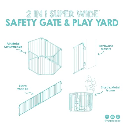 Regalo Safety 144" Super Wide Baby Gate & Play Yard, 2-in-1 Adjustable 6-Panel Safety Gate for Doorways & Large Openings, Hardware Mounted Gate for Babies, Toddlers & Pets - color: White, style: 144"W x 28"H