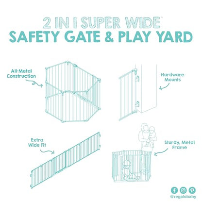 Regalo Safety 144" Super Wide Baby Gate & Play Yard, 2-in-1 Adjustable 6-Panel Safety Gate for Doorways & Large Openings, Hardware Mounted Gate for Babies, Toddlers & Pets - color: White, style: 144"W x 28"H