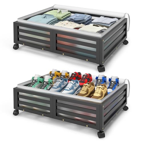 Under Bed Storage with Wheels-Large Bamboo Underbed storage Containers with Large Dust Bag Stackable Under the Bed Shoe Storage Bins for Clothes Books Bedding (2 Packs Black, 23.62"L×16.54"W× 6.51"H) - color: 2 Packs Black, size: 23.62"L×16.54"W× 6.5"H