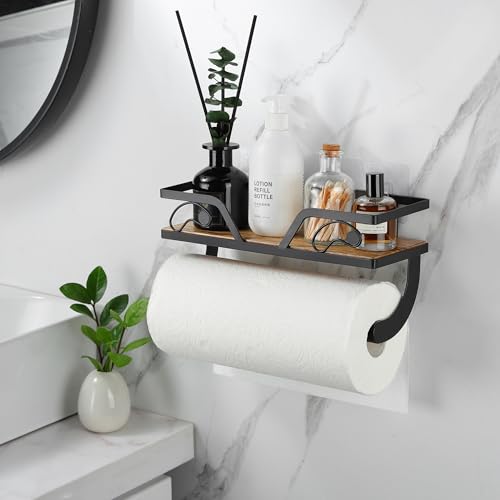 Farmhouse Paper Towel Holder with Emj Funny Memes Kitchen Organizer Shelf, Rustic Brown Wall Mount/Adhesive Hand Towel Roll Shelf & Spice Rack for Kitchen, Bathroom RV, Apartment