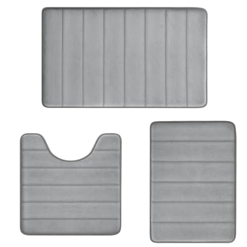 Bathroom Mats Memory Foam Bath Rug Set 3 Piece Non-Slip Bath Mats, Absorbent Shaggy Rugs, Machine Wash, Perfect Plush Bathroom Rugs, BathCarpets Set,Bath Mats for Bathroo Home Decor Accessories - color: Ashy Grey