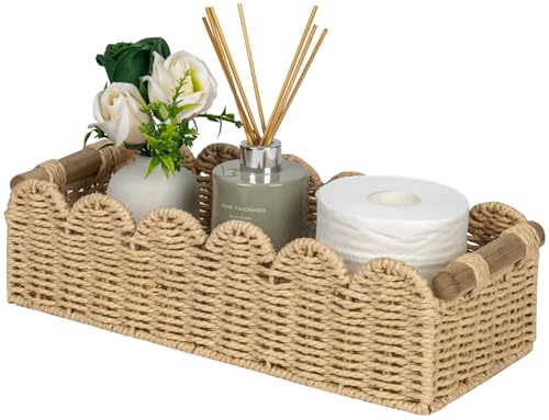 CubesLand Scalloped Edge Toilet Paper Storage Basket, Living Room Home Cozy Decor Basket, Paper Rope Small Baskets for Over Toilet Storage Shelf, End Table, Shelves, with 2 Wooden Handles, Beige - color: Beige, size: m - 14 X 6.3 X 3.9in