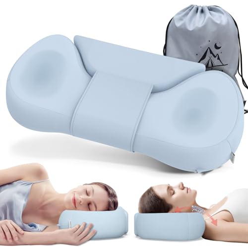 Cervical Neck Roll Pillow, Say Goodbye to Neck Pain, Travel Neck Support Pillow for Side Sleepers, Ergonomic Memory Foam Camping Pillow, Cervical Traction Device with Storage Bag (Blue) - color: Blue