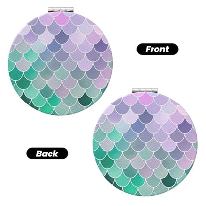 Teal Pink Mermaid Fish Scales Print Foldable Travel Pocket Mirror Round PU Leather Portable Mini Makeup Double Sided Handheld Magnifying,2.6 in - color: Teal Pink Mermaid Fish Scales