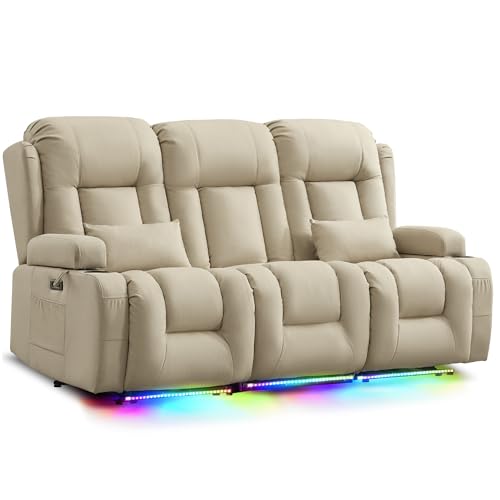 URRED Power Loveseat Recliner Sofa with Massage and Heat, Wall Hugger Reclining Loveseat with Console, RV Couch Home Theater Seating with LED Lights for Living Room (Beige, 76.8" - 3 Seats) - color: Beige, size: 76.8" - 3 Seats