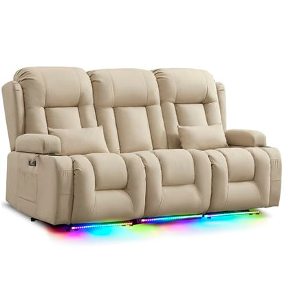 URRED Power Loveseat Recliner Sofa with Massage and Heat, Wall Hugger Reclining Loveseat with Console, RV Couch Home Theater Seating with LED Lights for Living Room (Beige, 76.8" - 3 Seats) - color: Beige, size: 76.8" - 3 Seats