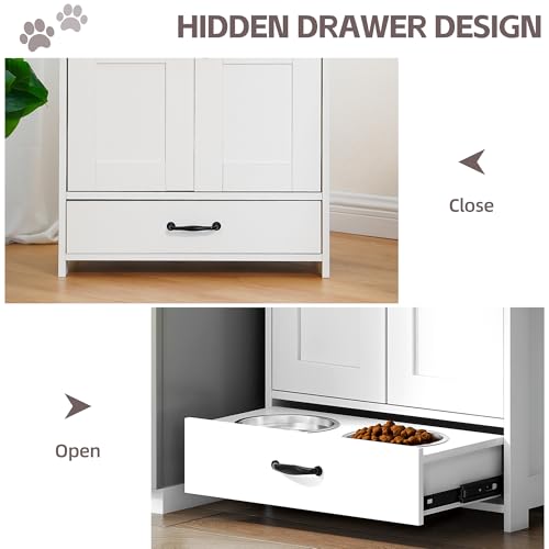 Pet Feeding Station, Dog Feeding Station, Dog Food Storage Cabinet, Pet Food Toy Organiser with 2 Elevated Bowls and Hook for Feeding and Drinking, White - size: Wood White