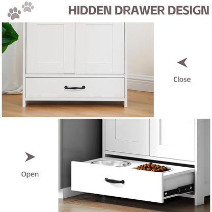 Pet Feeding Station, Dog Feeding Station, Dog Food Storage Cabinet, Pet Food Toy Organiser with 2 Elevated Bowls and Hook for Feeding and Drinking, White - size: Wood White