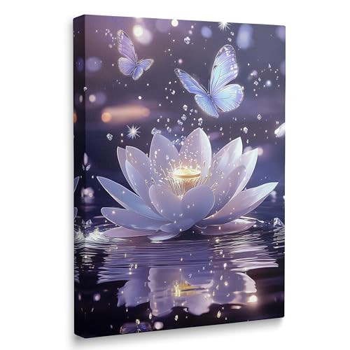 Framed Zen Meditation Serene Purple Lotus Flower Floral Canvas Wall Art, Spiritual Bathroom Butterfly Waterfall Room Decor, Relaxing Flower of Life Pictures Artwork Ready to Hang (16"x24") - color: Flower03, size: 24"L x 16"W
