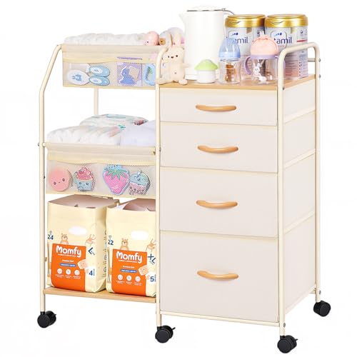 Fabuday Baby Diaper Caddy Organizer Cart - 4 Tier Rolling Diaper Cart with Wheels, Baby Essentials Organizers and Storage, Mobile Utility Carts for Bedside, Bedroom, Crib Nursury, Changing Table - color: Cream
