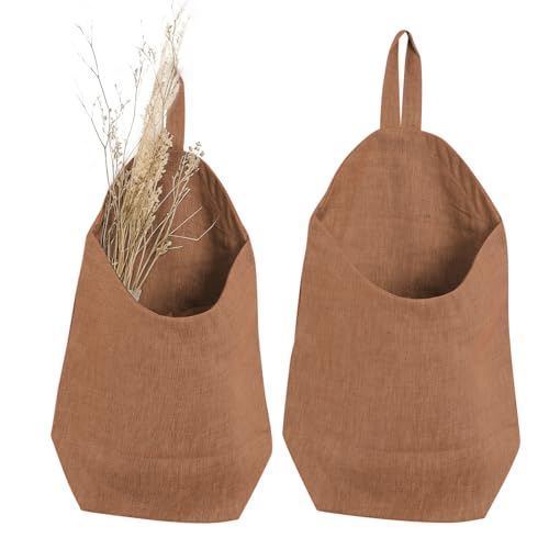 100% Linen Hanging Storage Bags Baskets 2 Pcs, Small Wall Storage Bag for Kitchen, Bedroom, RV Camper Organizer, Sewing Room, Nursery Storage, Kids Room (Brown) - color: Brown