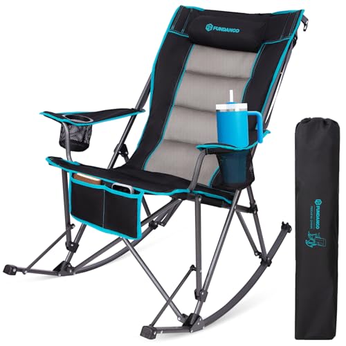 FUNDANGO Oversized Rocking Camping Chair for Adults, High Back Padded Folding Lawn Chairs with Pillows, Wide Armrest, 2 Cup Holders, Carry Bag for Patio Garden Outdoor Supports 440Lbs (Black) - color: Black Rockcomfy-1 Pack