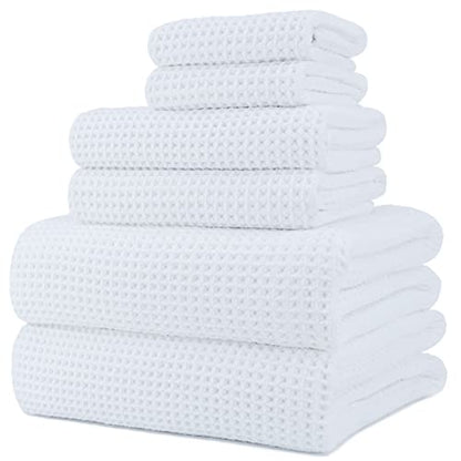 POLYTE 430 GSM Microfiber Quick Dry Lint Free Oversize Bath Towel Set, 6 Piece (Waffle Weave) - color: White