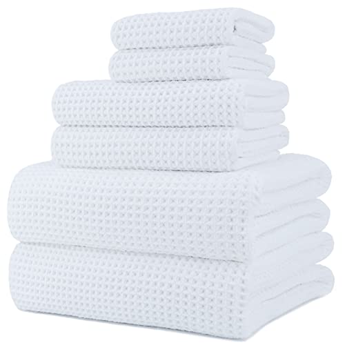 POLYTE 430 GSM Microfiber Quick Dry Lint Free Oversize Bath Towel Set, 6 Piece (Waffle Weave) - color: White