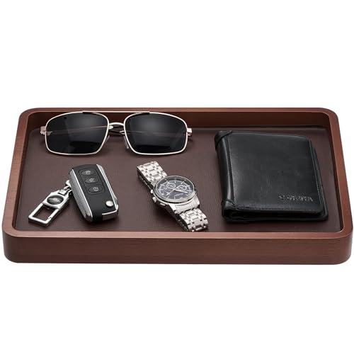 ProCase Wooden Valet Tray for Men, Wood Catch-All EDC Organizer, Fathers Day Gift, Nightstand Entryway Bedside Dump Holder for Wallets, Keys, Watches, Phones, Loose Change, Trinkets -DarkBrown - color: Dark Brown