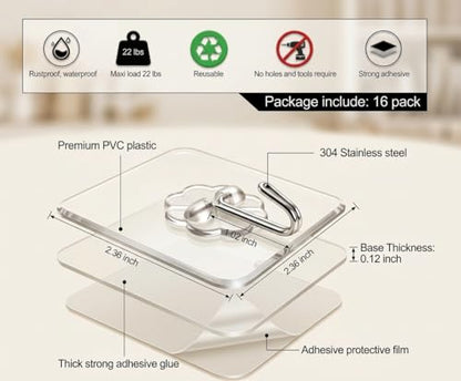 Adhesive Wall Hooks, Clear, Plastic, Heavy Duty, 16 Pack