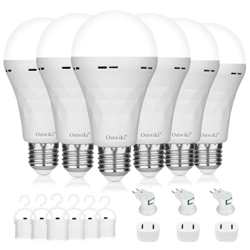 Ostwiki Rechargeable Emergency Light Bulbs 6 Pack Battery Operated Backup Light Bulbs for Power Outage Camping 9W E27 8500K Daylight Self-Charging Lamps for Home Hurricane Preparedness - color: 8500k Cool White, size: 6 Pack