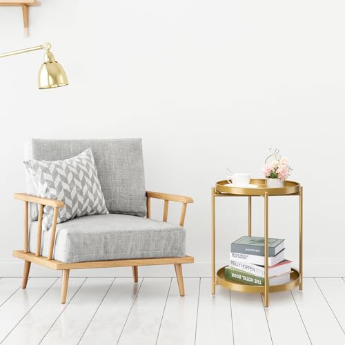 danpinera 2-Tier End Table, Outdoor Side Table Metal Round Side Table with Removable Tray, Small Folding Accent Table, Anti-Rust Nightstand for Bedroom Balcony Patio Living Room (Gold) - color: Gold
