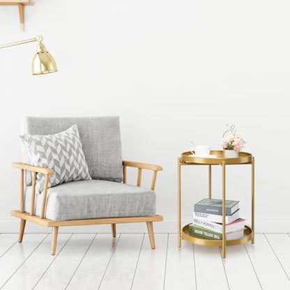 danpinera 2-Tier End Table, Outdoor Side Table Metal Round Side Table with Removable Tray, Small Folding Accent Table, Anti-Rust Nightstand for Bedroom Balcony Patio Living Room (Gold) - color: Gold