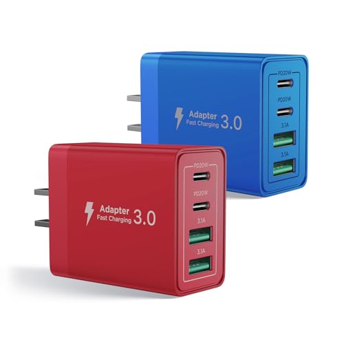 [2-Pack] USB C Charger Block, 40W Fast Charging Block Type C Charging Block 4-Port Dual Port PD+QC Wall Charger Head Cube for iPhone 17 16 15 14 13 12 11 Pro Max XS, iPad - color: Red + Blue