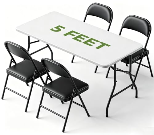 Folding Dining Table Set for 4, 5FT Foldable Plastic Table with Carrying Handle & 4 PU Leather Padded Folding Chairs, Portable Table and Chairs Set for Indoor Outdoor, Party, Wedding, Picnic, Camping - color: Black, size: 5FT