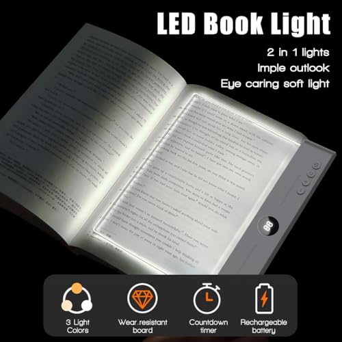 Flat Book Light,2026 Upgrade, Book Light Treasure Box, Reading in Bed at Night with 3 Colors & Timer, Dimmable Panel Plate Book Lamp Full Page Light, Bookish Gifts for Book Lovers(White) - color: White