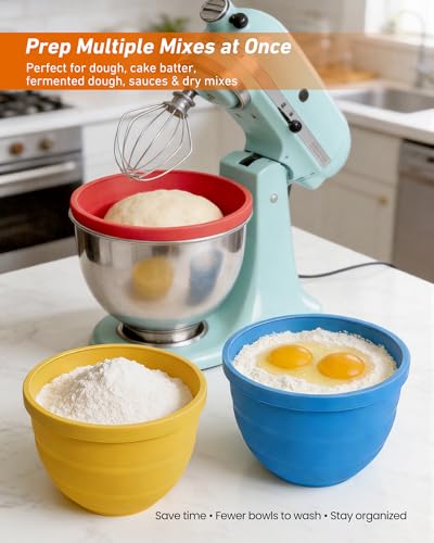 Silicone Bowl Liners for KitchenAid 5 Quart Stand Mixer, Collapsible Heavy-Duty Food Grade Silicone Bowl Inserts with Lids 3 Pack, Stable, Dishwasher Microwave Freezer Safe