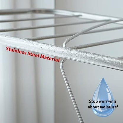 TRES BELLE L-Size Stainless Steel Gullwing Clothes Drying Rack, Foldable Heavy Duty Metal Laundry Dryer with Secure-Rod & 4 Bottom Bars for Sweater, Towel, Socks, Indoor Outdoor Use - size: Large
