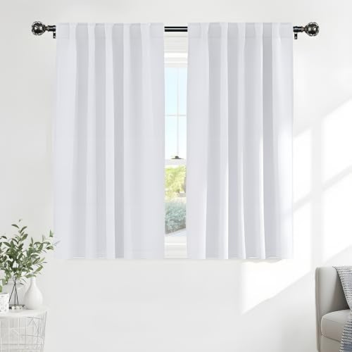 PONY DANCE White 50% Lighting Blocking Curtains for Bathroom, Short Non-See-Through Thermal Insulated Room Darkening Back Tab Small Drapes for Nursery Bedroom Window, W34 x L45, Pure White, 2 Panels - color: Pure White, size: 34"W x 45"L (Pack of 2)