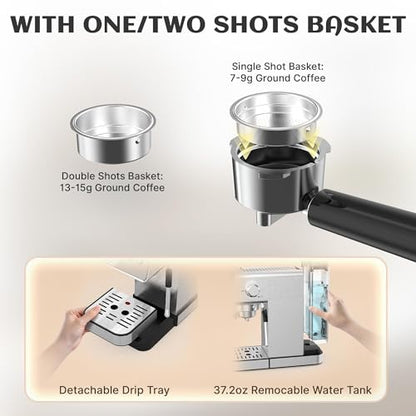 AYCHIRO 20 Bar Espresso Machine, Professional Espresso Machine with Milk Frother, Compact Espresso Maker for Cappuccino and Latte, Removable Water Tank and Drip Tray - color: SS-Silver