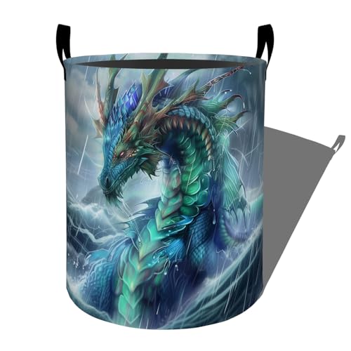 Fierce Dragon in Stormy Waves Laundry Basket with Handles, 19.7"x15.7" Clothes Foldable Laundry Hamper Organizer for Dorm Nursery Bedroom Bathroom Decor, Toy Storage Bin for Kids - style: Dragon39