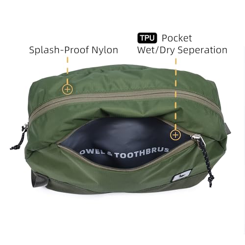 Travel Toiletry Bag 5L, Compact Travel Organizer with Waterproof TPU Wet/Dry Compartment - color: Medium Olive, size: 5L