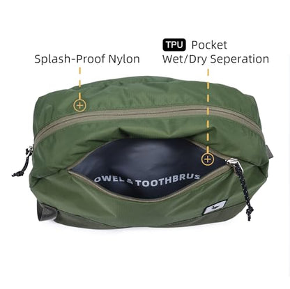 Travel Toiletry Bag 8L, Large Packing Cube with Waterproof TPU Wet/Dry Compartment - color: Medium Olive, size: 8L