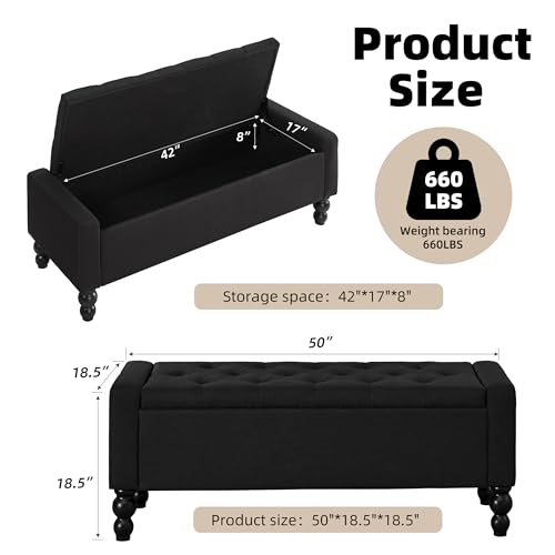 50" W Storage Ottoman Bench with Safety Hinge, Load up to 660 lb Ottoman with Storage, Upholstered Tufted Entryway Bench with Seating for Living Room, Bedroom, Entryway, Black - color: Black