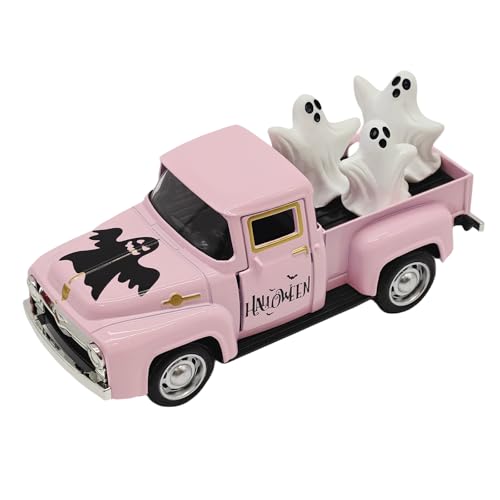 Halloween Decorations - Mini Cute Farmhouse Style Halloween Metal Truck Decor with 3 Removable Mini Ghost Ornaments for Tabletop, Tiered Tray, Shelf, Fireplace and Home Indoor Décor(Halloween-Pink) - color: Halloween-pink