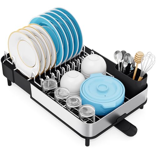 Urackify Dish Drying Rack - Dish Drainer for Kitchen Counter, Stainless Steel Dish Rack with Swivel Draining Spout & Drain Board, Expandable Space-Saving Kitchen Dish Organizer for 3-4 People, Black - color: Black