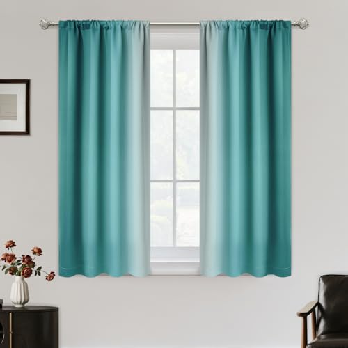 SimpleHome Ombre Room Darkening Curtains for Living Room, Rod Pocket Light Blocking Gradient Teal to Greyish White Thermal Insulated Window Drapes for Bedroom, 2 Panels, 42x45 inches Length - color: Teal, size: 42"W x 45"L (Pack of 2)