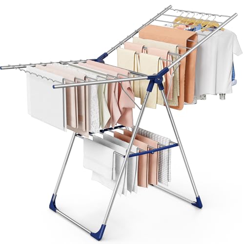 Sakugi Clothes Drying Rack with Height-Adjustable Wings, Metal Foldable Laundry Dryer Stand for Clothing & Bedding, Free-Standing Collapsible for Indoor & Outdoor Use, 55.5" L × 22.8" W, Silver Blue - color: Silver & Blue, size: Large (55.5"L x 22.8"W x 3