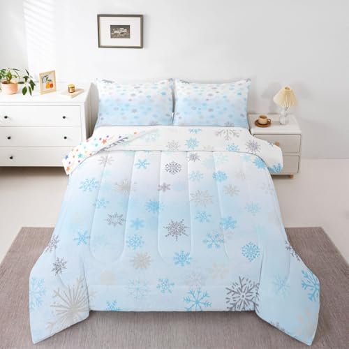 Feelyou Glitter Snowflake Comforter Set Full Size, Blue Snowflake Comforter Kids Toddler Ombre Bedding Set Winter Theme Duvet Set Microfiber Bed Set - color: Multi 17, size: Full