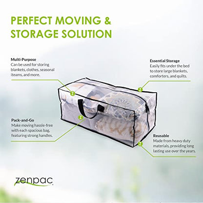ZENPAC Clear Blanket Storage with Handles, Zippered Plastic Bags, Heavy Duty, Waterproof for Packing Clothes, Linens, Comforters, 27x12x13.75, 3 Pack