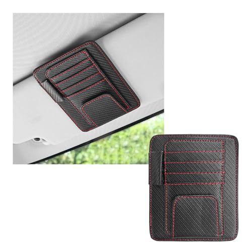Dickno Small Leather Car Sun Visor Organizer, Multifunctional Auto Visor Document Holder with Sunglasses Clip, Universal Car Interior Organizer for Driving License, Card, Pen (Black&Red) - color: Carbon Fiber Black&Red, 1 PC