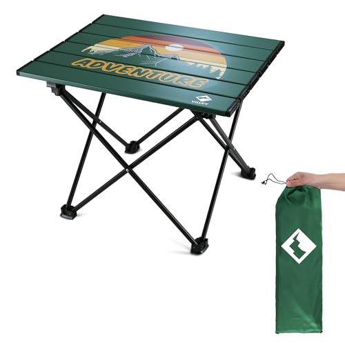 VILLEY Portable Camping Side Table, Ultralight Aluminum Folding Camp Table with Mountain Silhouette Print and Carry Bag, Compact Outdoor Picnic Table for Camping, Beach, Hiking, Travel, Medium - color: Green, size: Medium 19'', style: Mountain Silhouette