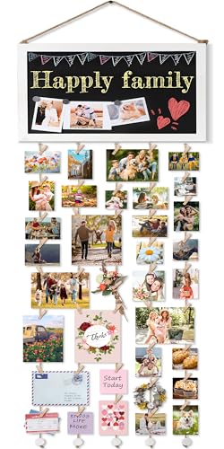Bikoney Large Picture Board Picture Frames Collage Photo Hanging Display Wood Rustic Frames for Wall Decor and Dorm Room Decor with Blackboard Self Adhesive Hooks No Holes Drilling - color: White&Large, size: 1-Pack